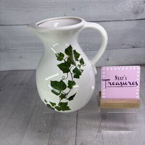 Harris Potteries Chicago IL USA White Green Ivy Leaves 9" Tall Handled Pitcher